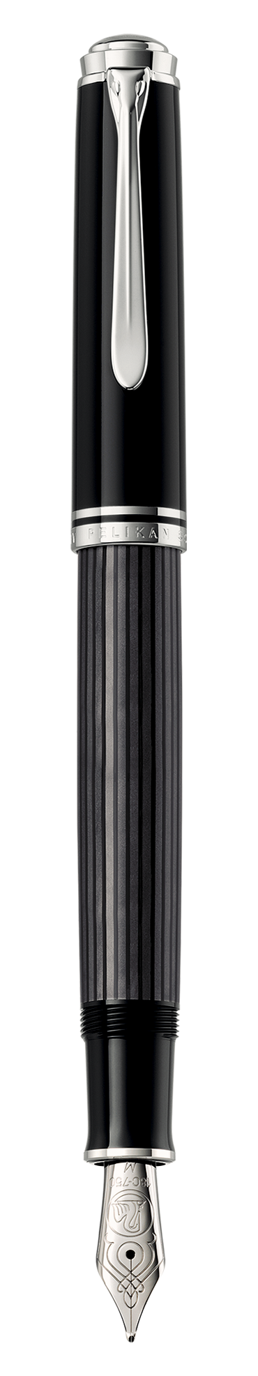 Pelikan Souverän M805 Stresemann fountain pen in anthracite-striped cellulose acetate with palladium-plated trim, shown upright with the cap posted and the nib exposed