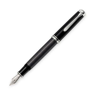Pelikan Souverän M805 Stresemann fountain pen in anthracite-striped cellulose acetate with palladium-plated trim, shown upright with the cap posted and the nib exposed
