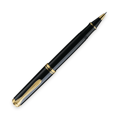 Pelikan Souverän R800 rollerball in black resin with gold-plated trim, shown full length horizontally with the cap posted and the rollerball tip exposed