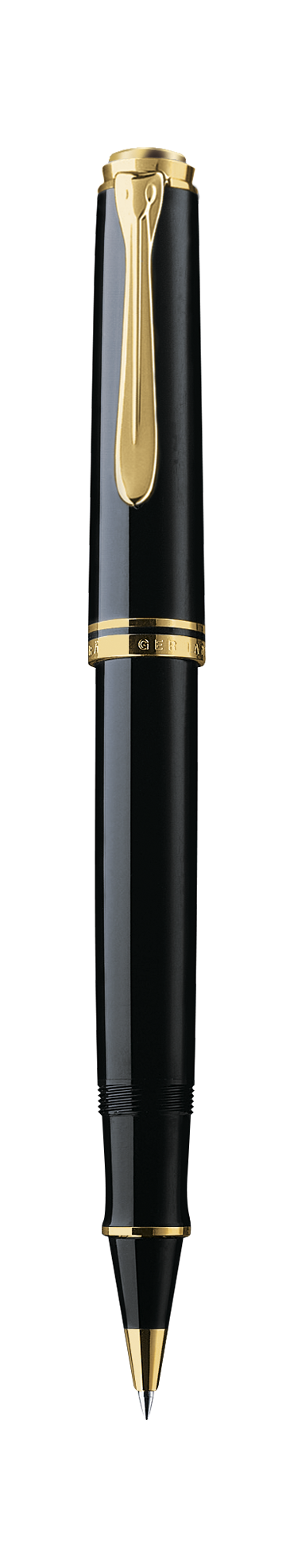 Pelikan Souverän R800 rollerball in black resin with gold-plated trim, shown upright with the cap posted and the tip exposed