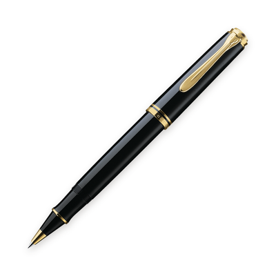Pelikan Souverän R800 rollerball in black resin with gold-plated trim, shown upright with the cap posted and the tip exposed