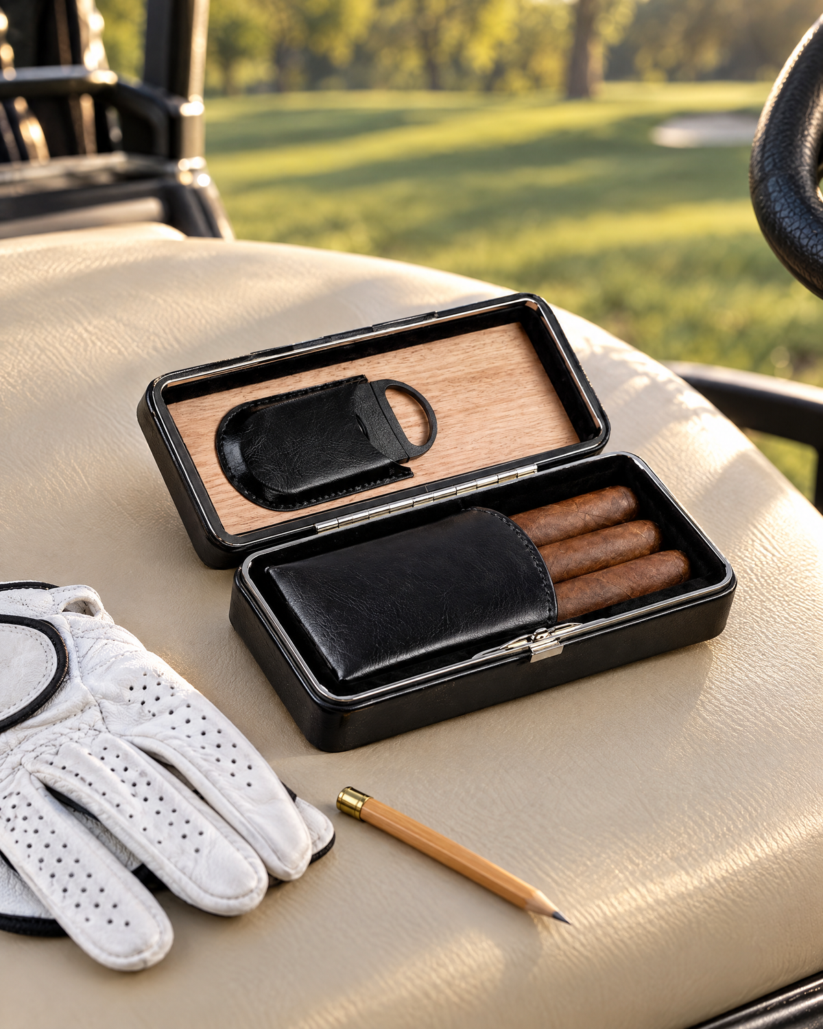 3 Cigar Folding Snap-Lock Case & Cutter in black leather, open on a golf-cart seat beside a glove, cedar interior with cigars and the cutter in its slot