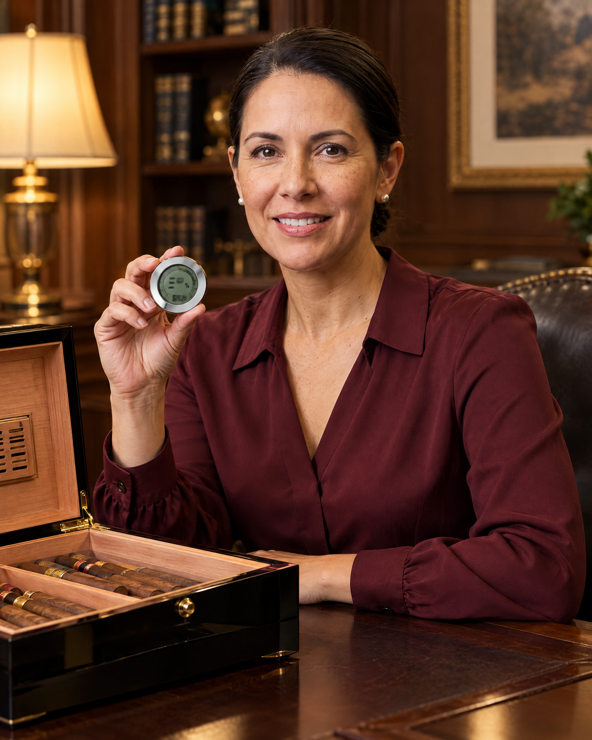 Digital Hygrometer with Calibration in polished silver held up to read beside an open humidor on a study desk
