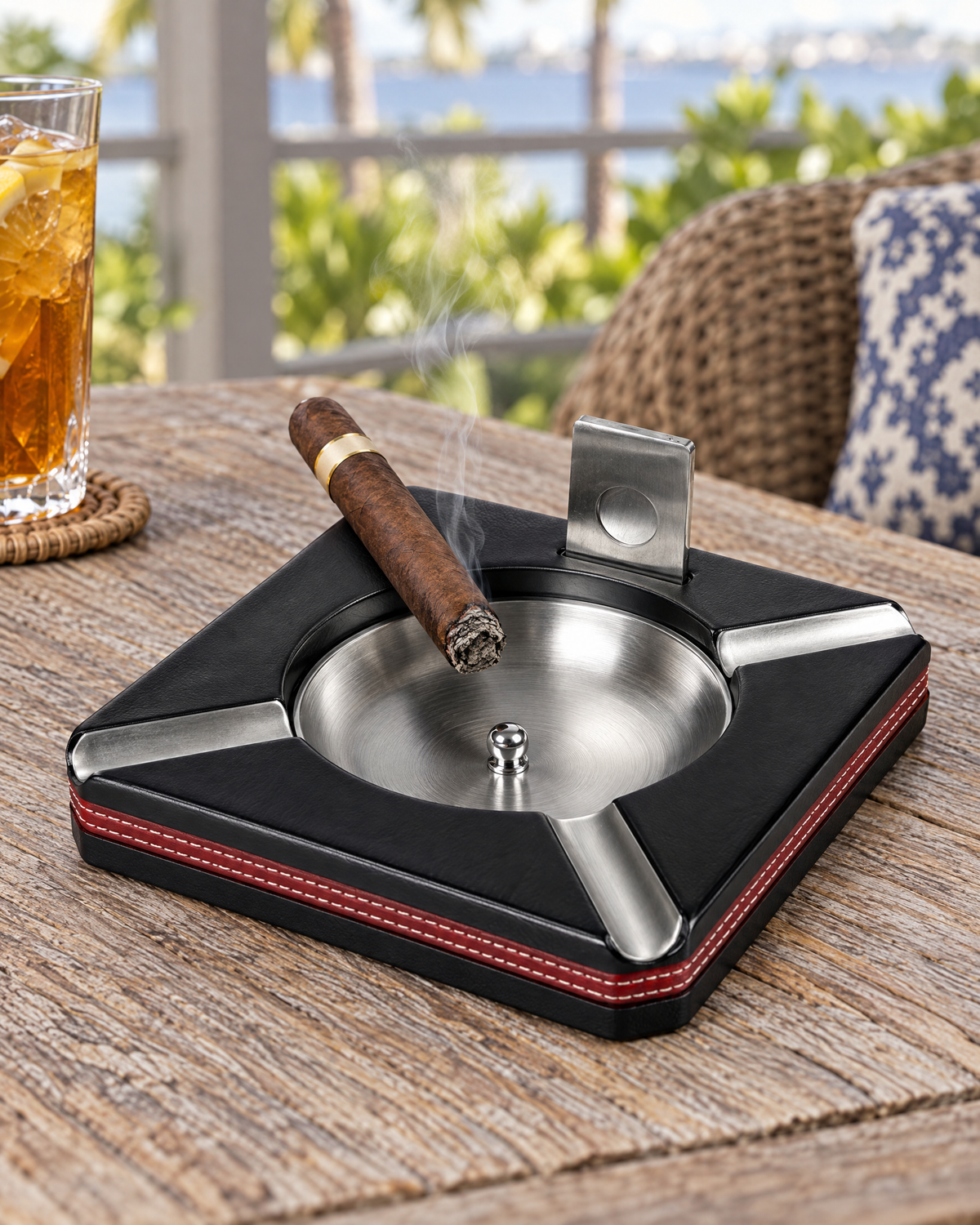 Leather Trim Ashtray with Cutter, close-up of the red-stitched leather rim, stainless bowl and built-in cutter with a cigar resting