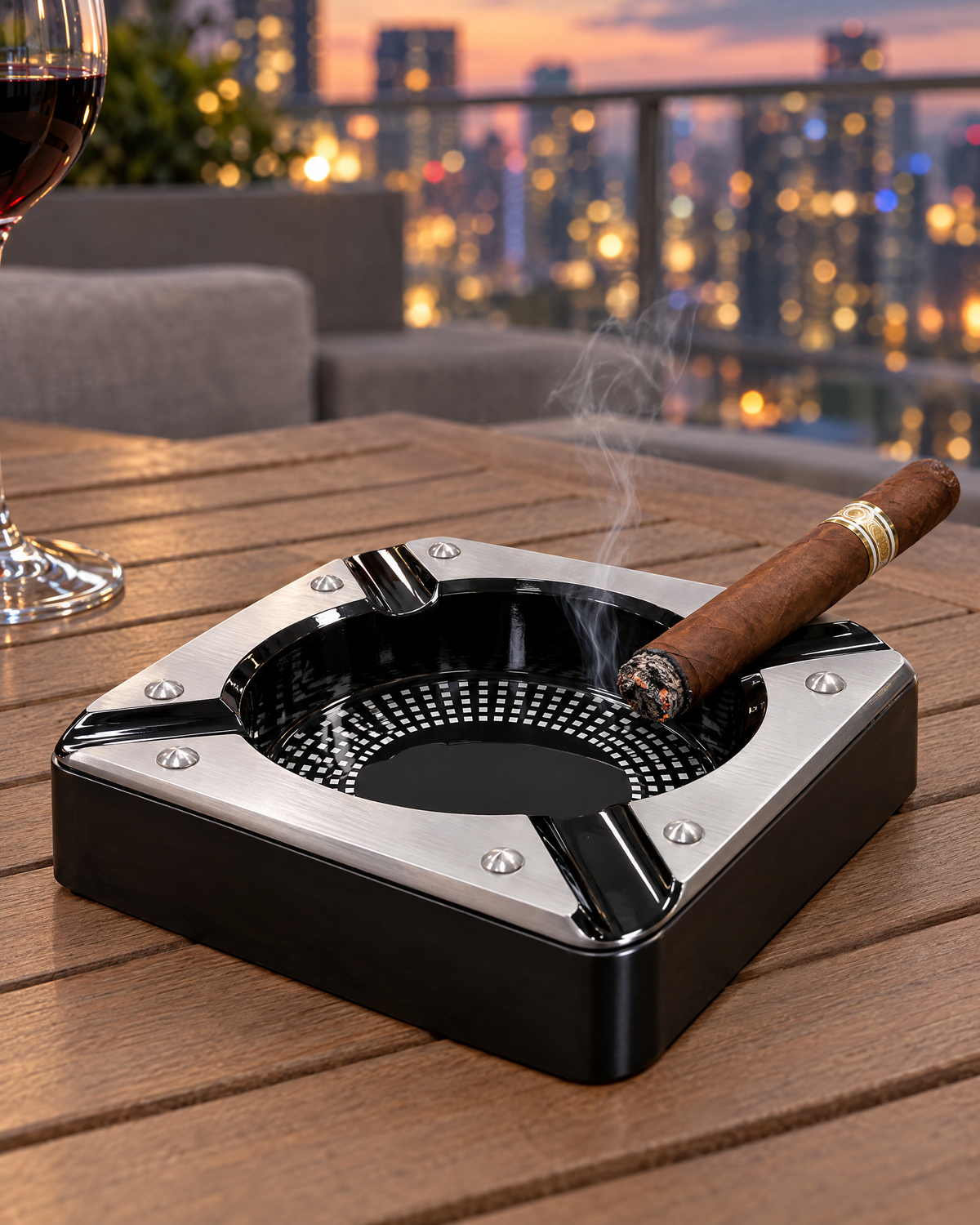 Saint Lucia metal ashtray, close-up on a terrace table at dusk with a cigar resting on one of its four rests