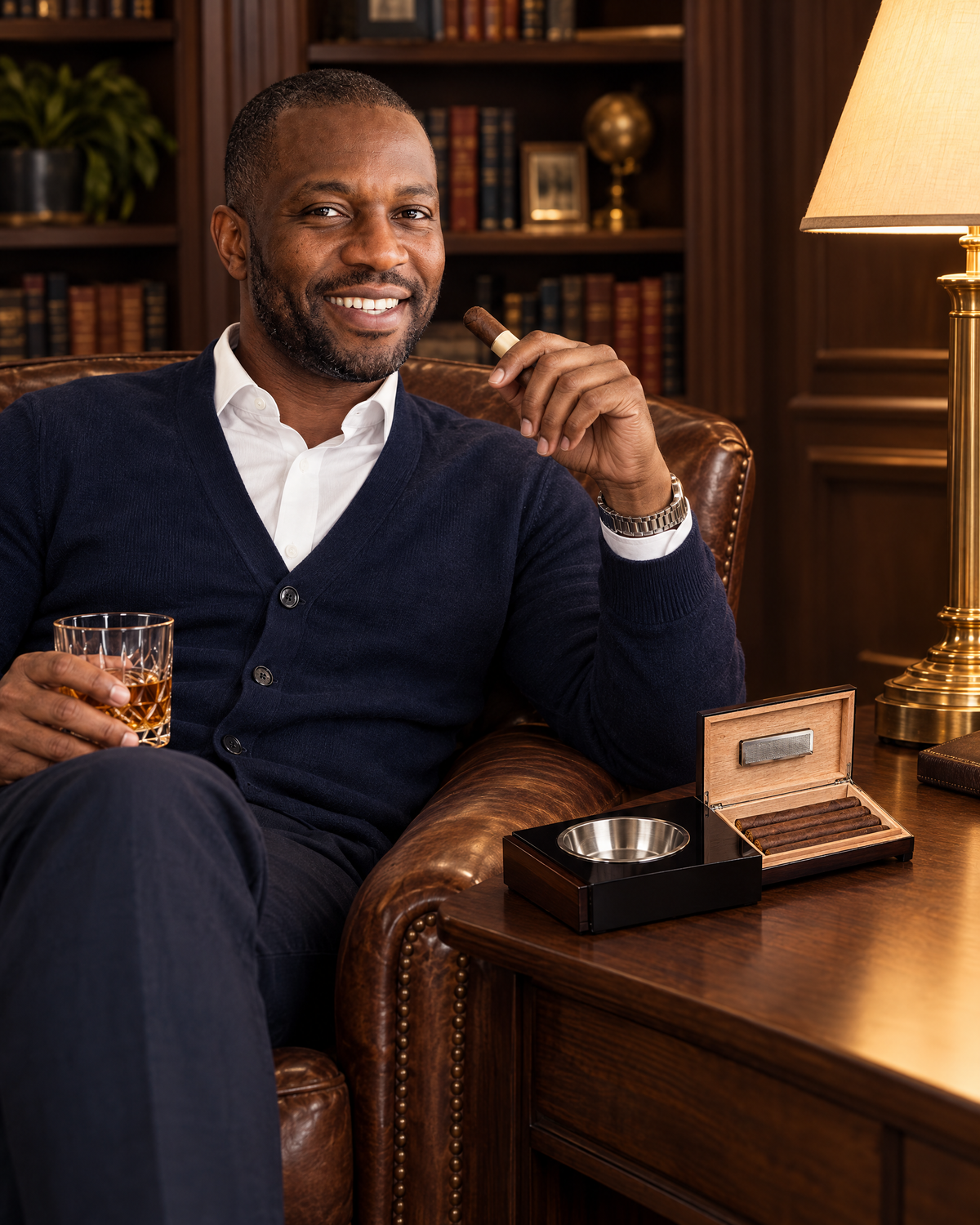 Sliding Ashtray with Hidden Humidor, cigar bed slid open to show the cedar compartment, on a study side table beside a lawyer with a bourbon and an unlit cigar