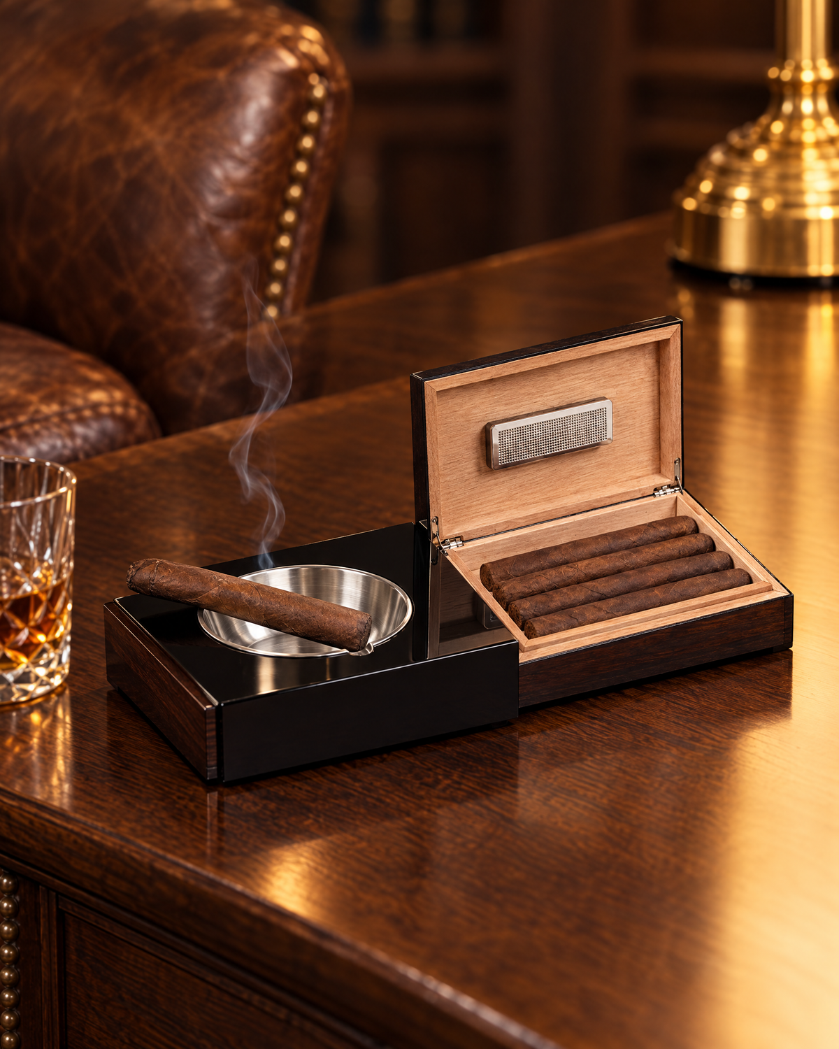 Sliding Ashtray with Hidden Humidor, close-up with the cedar compartment slid open and a cigar resting on the bowl