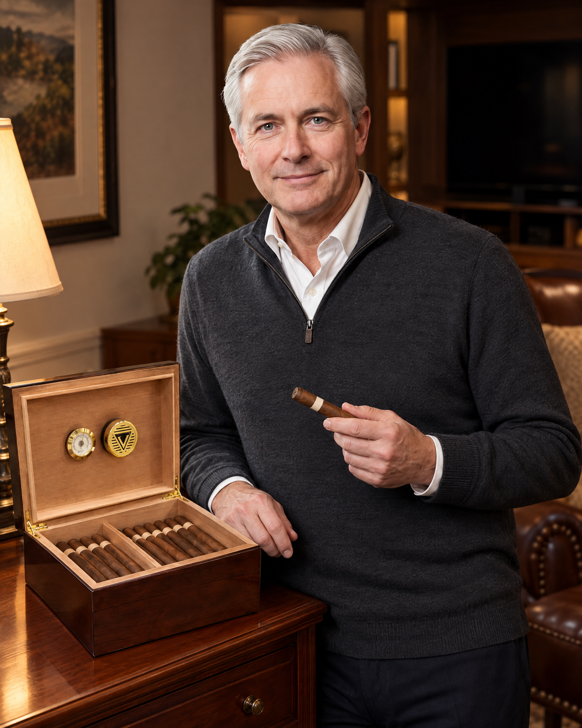 The Bellevue humidor in cherry finish open on a den sideboard, a lawyer at home with an unlit cigar