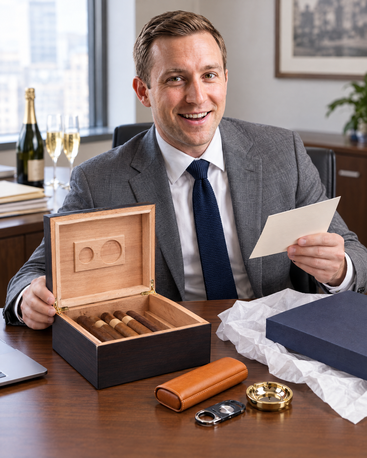 The Diplomat humidor gift set unwrapped on a new partner's desk, the humidor open with the leather cigar case, cutter and ashtray beside it