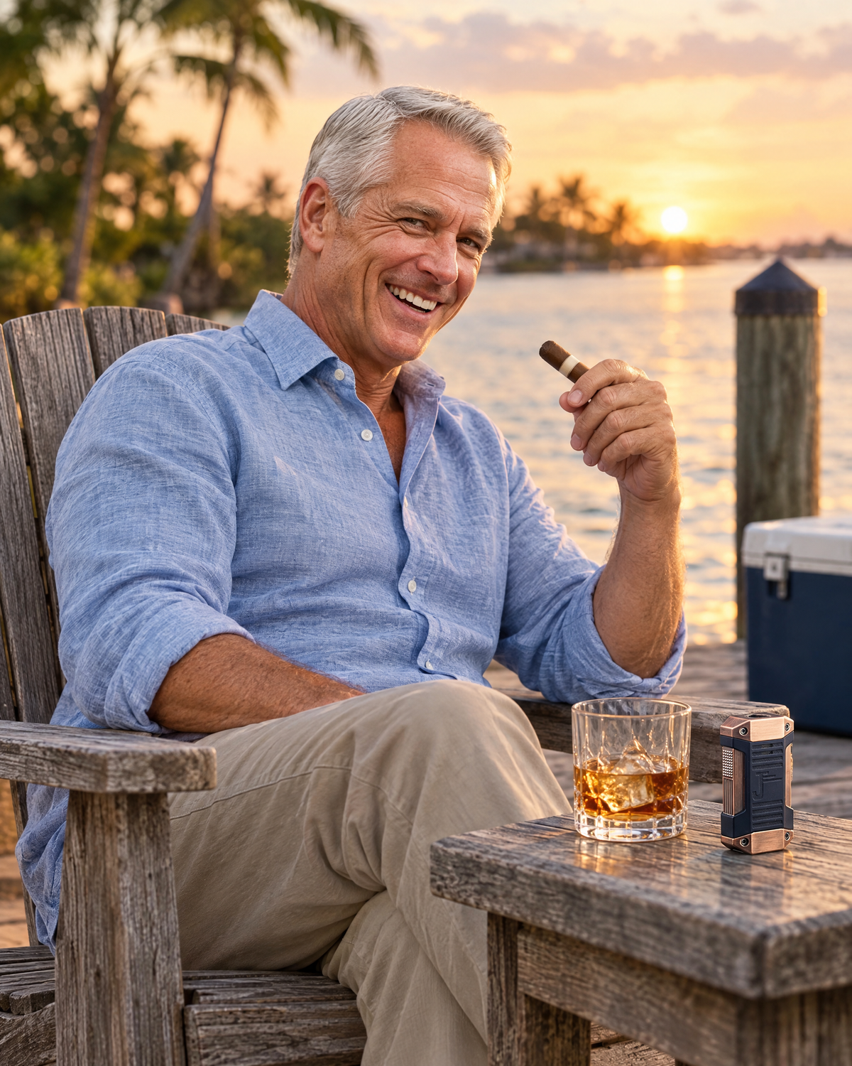 The Galleon triple-flame torch lighter in copper standing beside a rum on a dock table at sunset, a seasoned lawyer relaxing with an unlit cigar