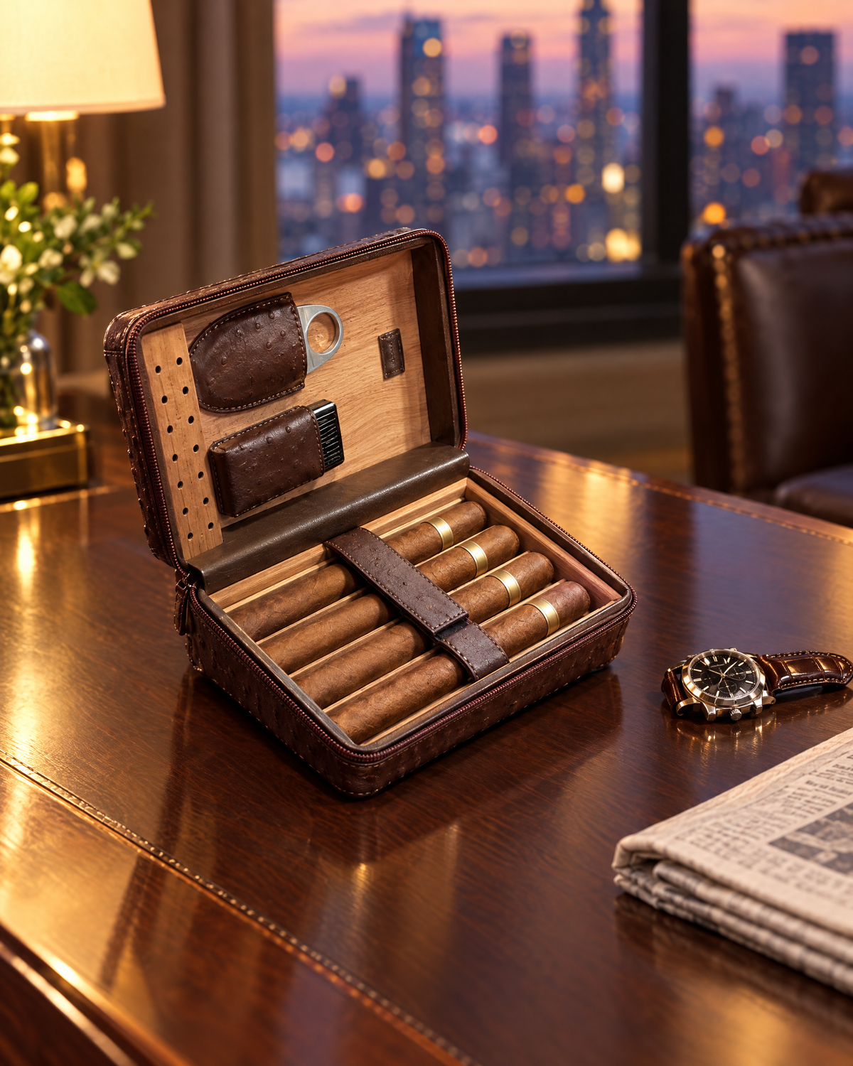 The Manhattan travel humidor case, brown ostrich-pattern leather, open on a hotel desk showing the Spanish cedar interior and four cigars