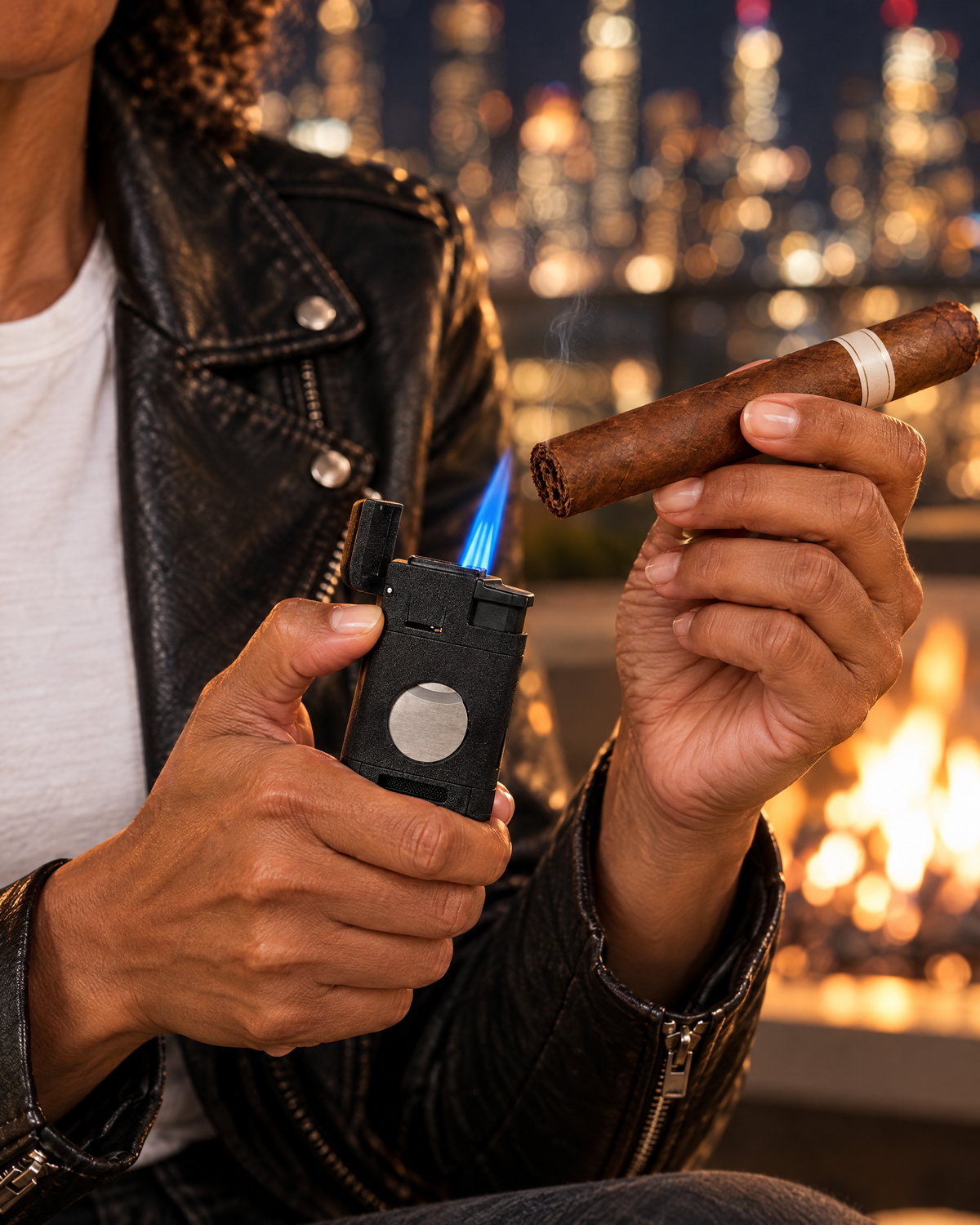 XoticEdge Aurora torch in black stone, a single blue flame toasting the foot of a cigar by a rooftop fire pit at night