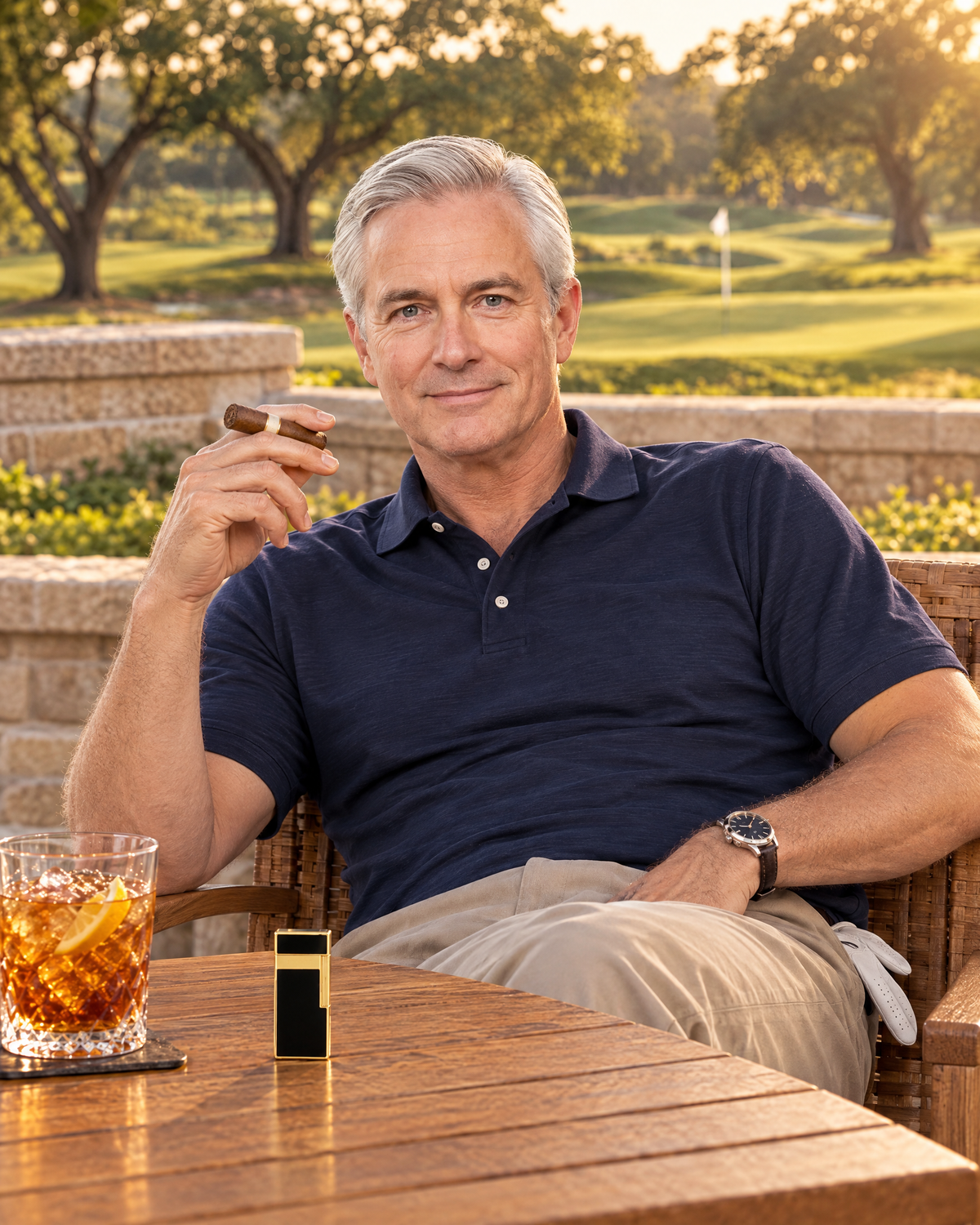 S.T. Dupont Biggy Lighter — Black Lacquer & Gold, standing beside an iced tea on a golf clubhouse terrace, a lawyer just off the course with an unlit cigar