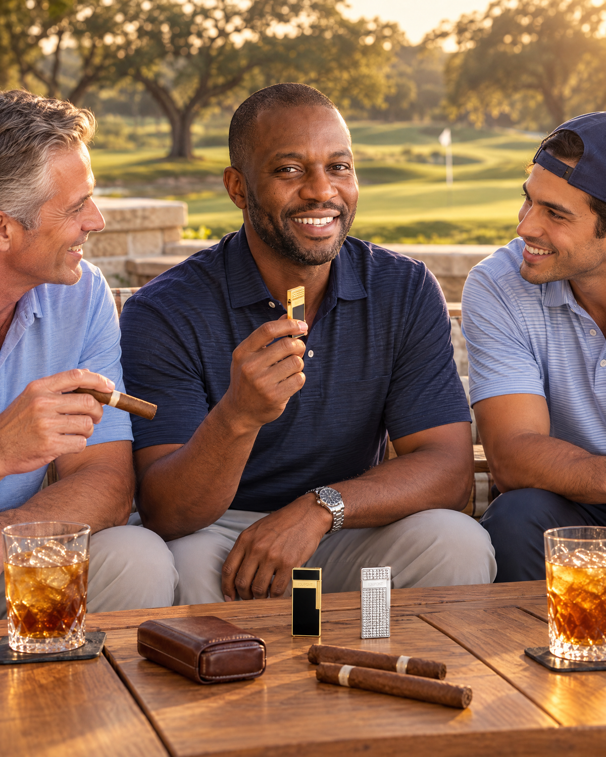 S.T. Dupont Biggy lighters — Diamond Head gold, black lacquer and gold, Diamond Head chrome — with three friends on a golf clubhouse terrace after a round