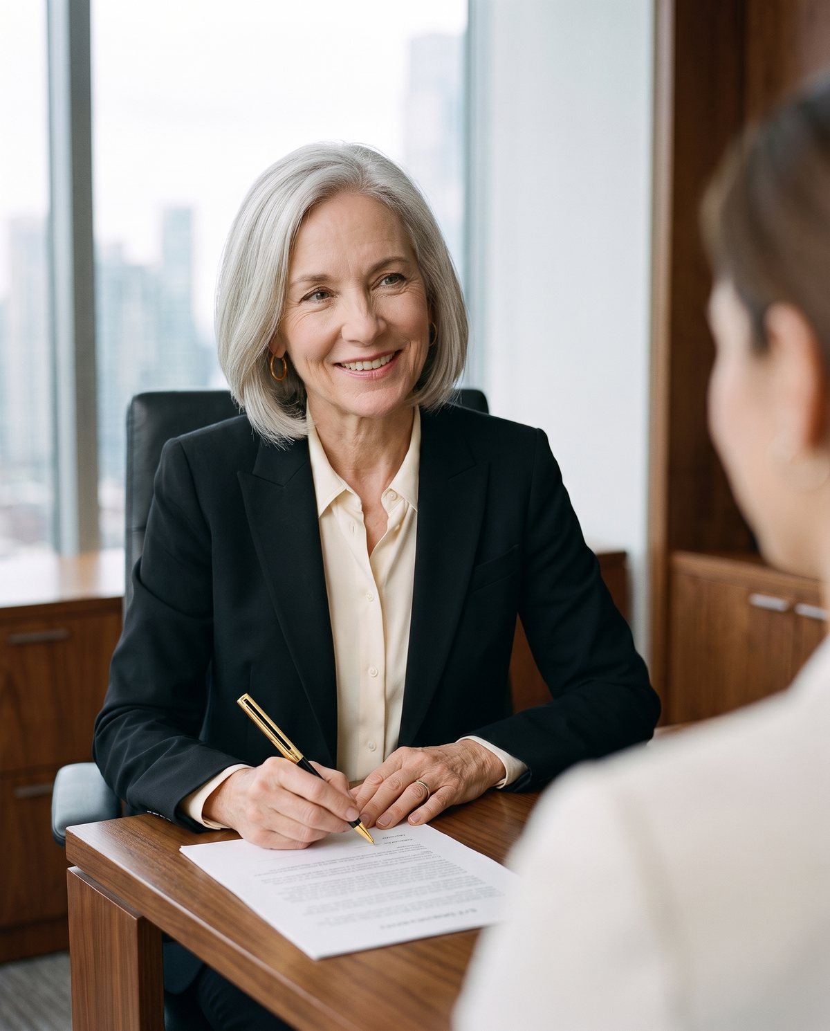 S.T. Dupont Classique Ballpoint — Black Lacquer & Gold: a senior woman partner signs an engagement letter at her walnut desk, smiling at her new client