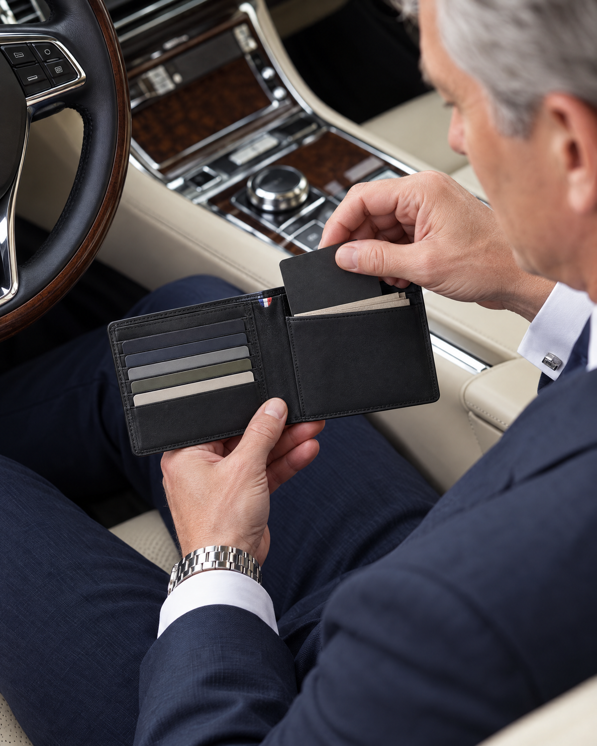 S.T. Dupont Iconic Billfold Wallet in black, open in a lawyer's hands at the wheel of a car with cream leather seats, drawing a card from one of the six slots, the blue-white-red stitched trim visible at the fold