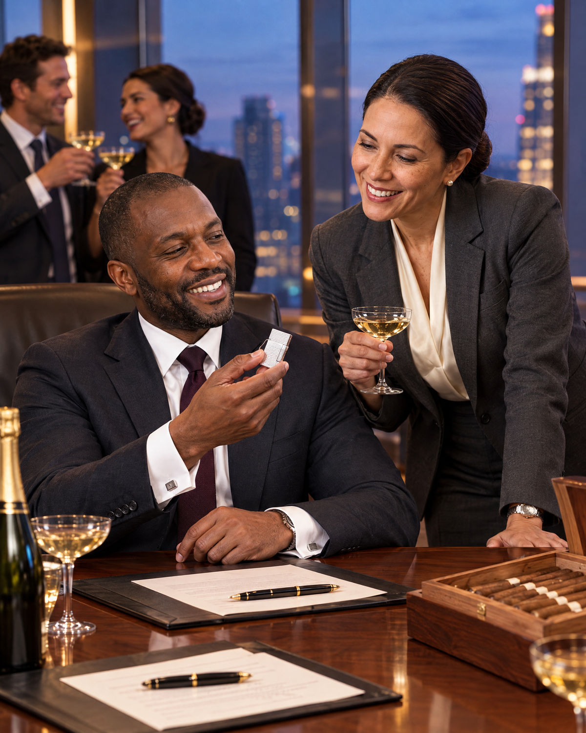 S.T. Dupont Le Grand Lighter — Diamond Head, Palladium, admired by a litigator at the conference table after a closing, champagne and colleagues around him