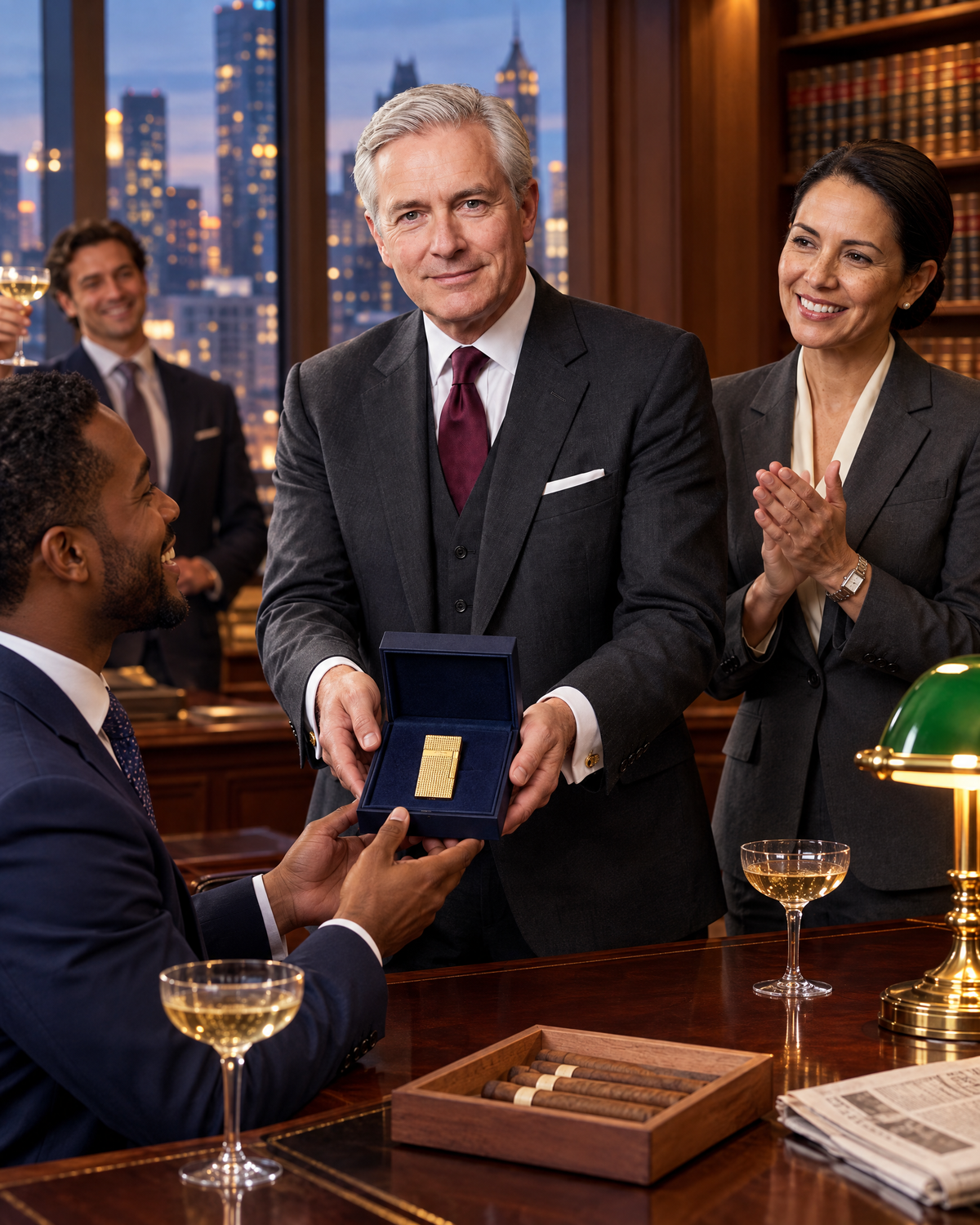 S.T. Dupont Le Grand Lighter — Diamond Head, Yellow Gold, presented in its box by a senior partner to a newly made partner at a mahogany desk, colleagues applauding
