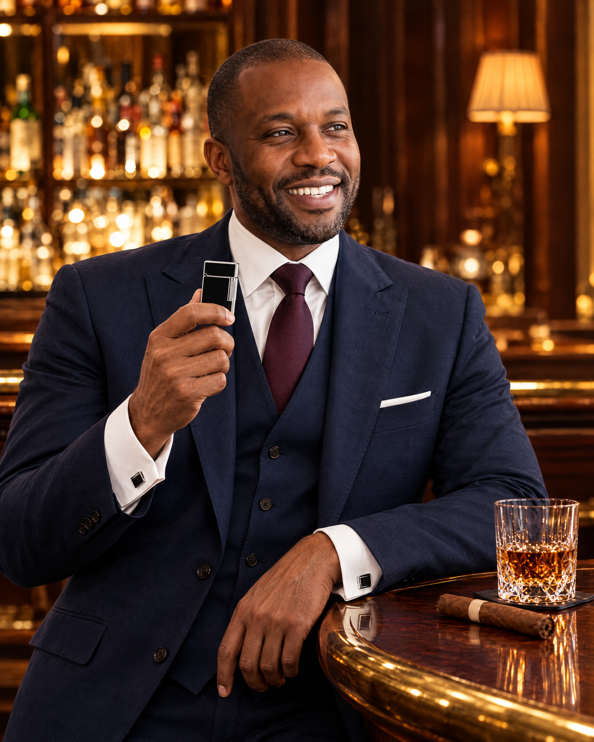 S.T. Dupont Ligne 2 Lighter — Black Lacquer & Palladium, held closed by a trial lawyer at a private club bar, bourbon and an unlit cigar on the bar