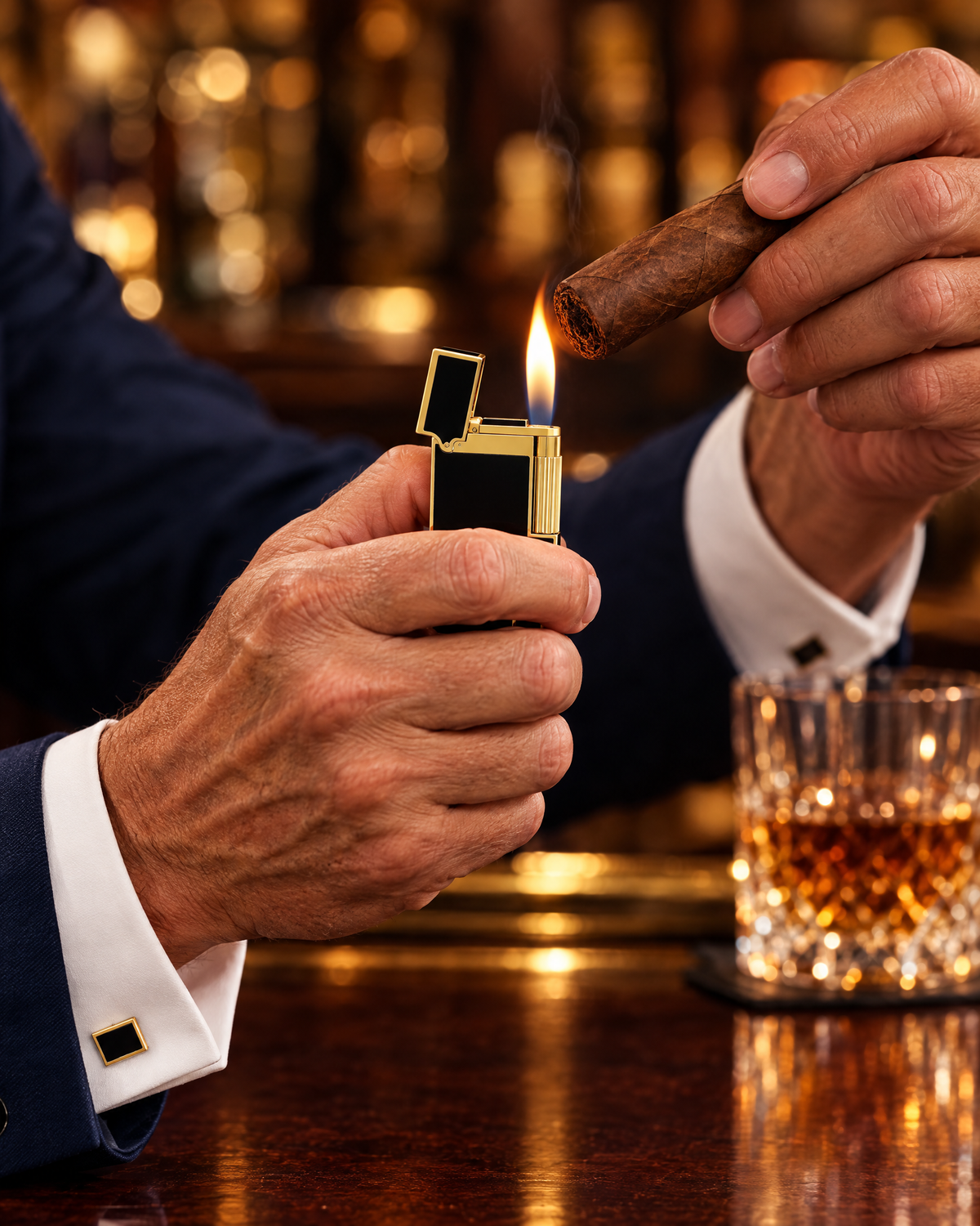 S.T. Dupont Ligne 2 Perfect Ping Lighter — Matte Black Lacquer & Gold, cap open, its soft flame toasting the foot of a cigar at a club bar