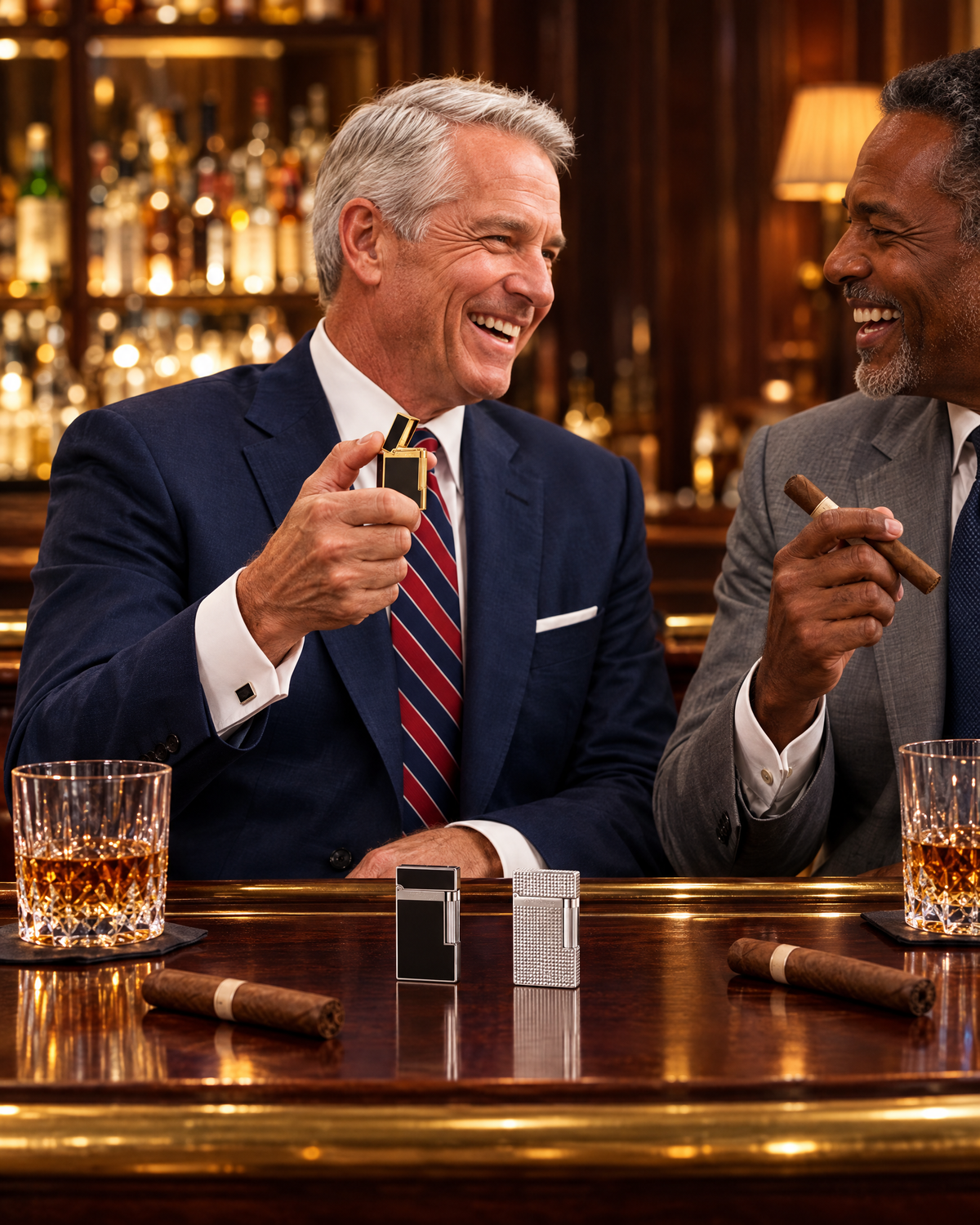 S.T. Dupont Ligne 2 lighters — black lacquer and gold, black lacquer and palladium, Diamond Head palladium — at a private club bar, a lawyer flipping the cap with a friend