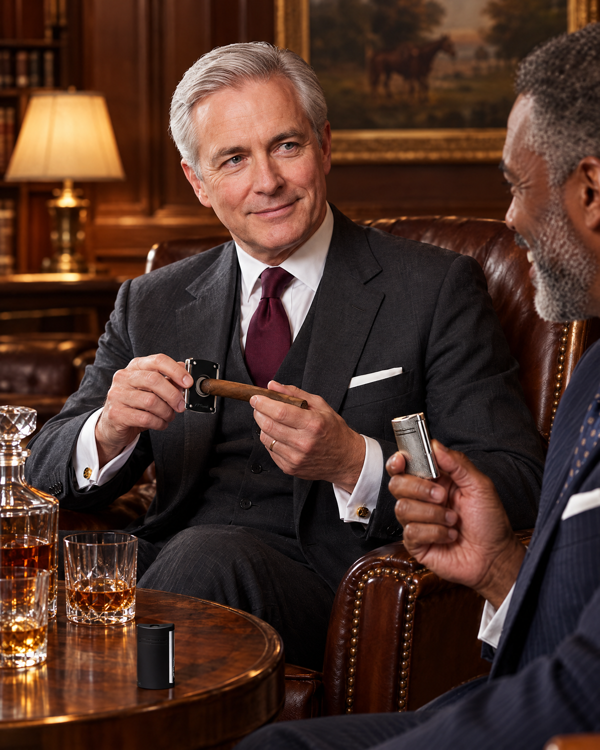 S.T. Dupont Maxijet cigar cutter and Maxijet lighters in chrome grid and matte black, two friends in a steakhouse cigar room, a cigar cap seated in the cutter