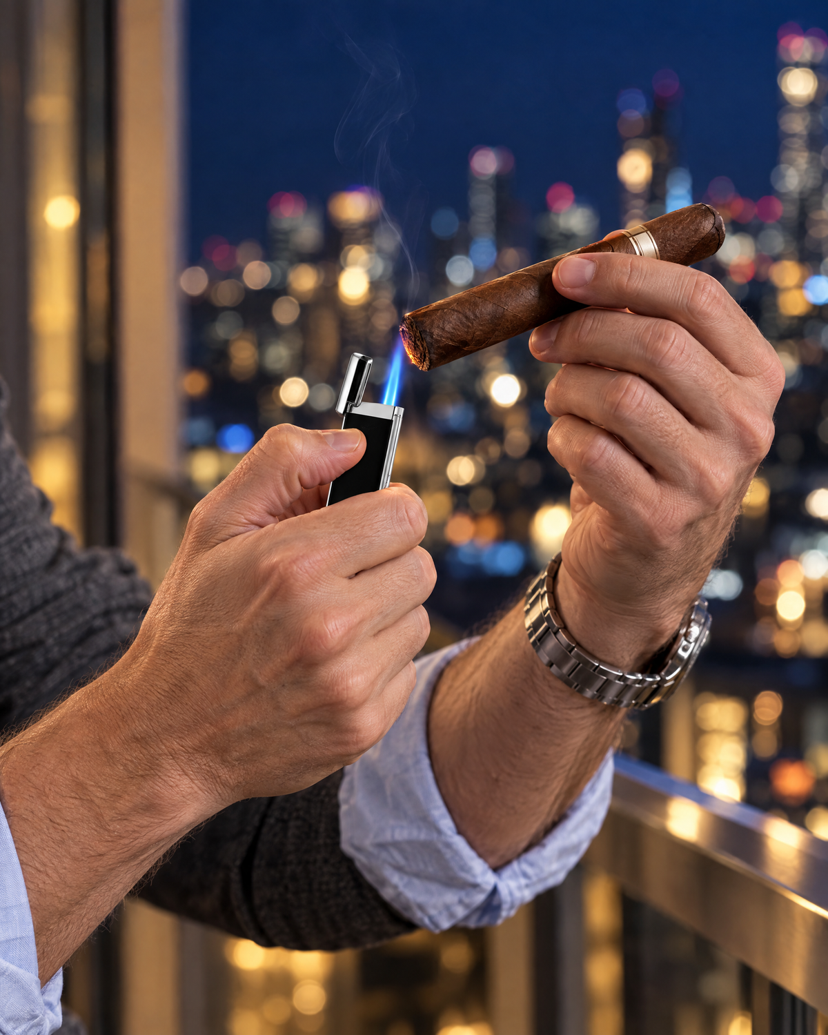 S.T. Dupont Slim 7 Lighter — Black Lacquer & Chrome, torch flame toasting a cigar on a hotel balcony at night