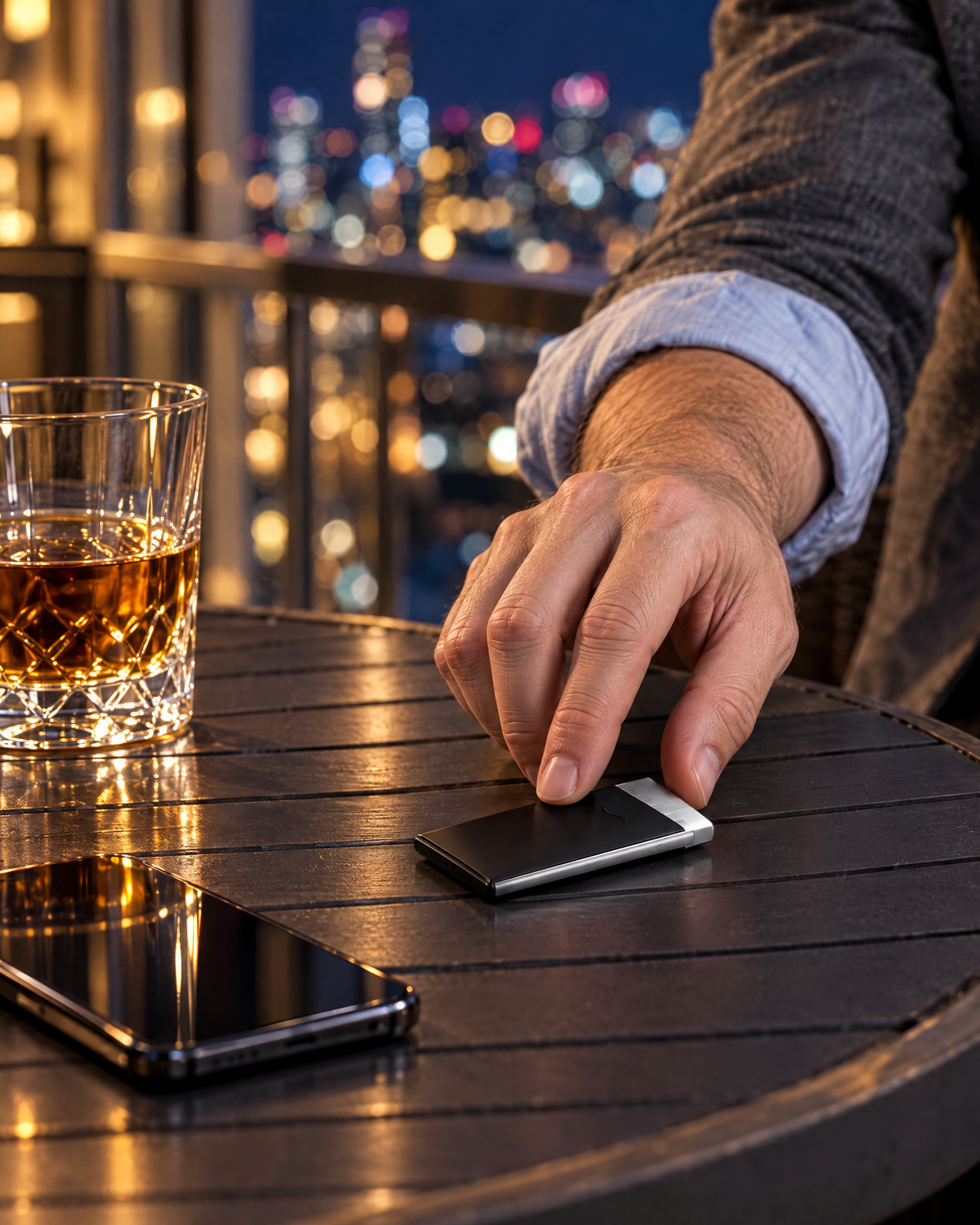 S.T. Dupont Slim 7 Lighter — Matte Black & Brushed Chrome, lying flat beside a phone and a glass of bourbon, showing how thin it is