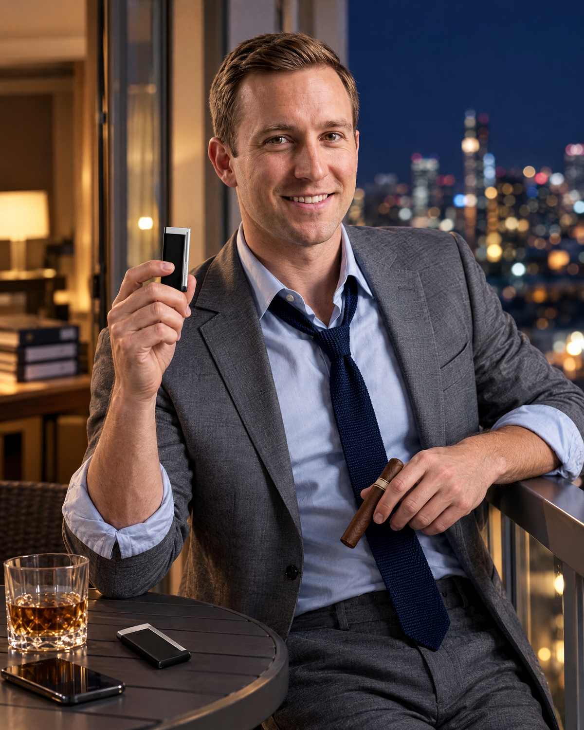 S.T. Dupont Slim 7 lighters in black lacquer and matte black on a hotel balcony at night, an associate unwinding during a trial week