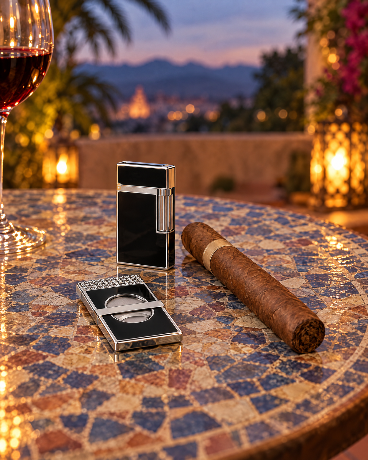 S.T. Dupont Slim Cigar Cutter — Black Lacquer & Chrome, close-up on a mosaic terrace table with a Ligne 2 lighter and an unlit cigar
