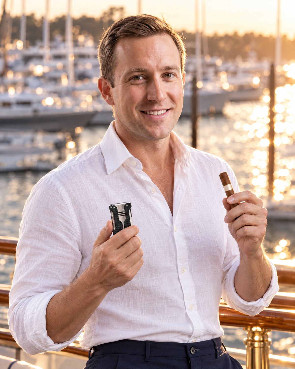 S.T. Dupont Windproof Lighter — Chrome, held closed by a lawyer at a yacht's stern rail at golden hour, unlit cigar in his other hand
