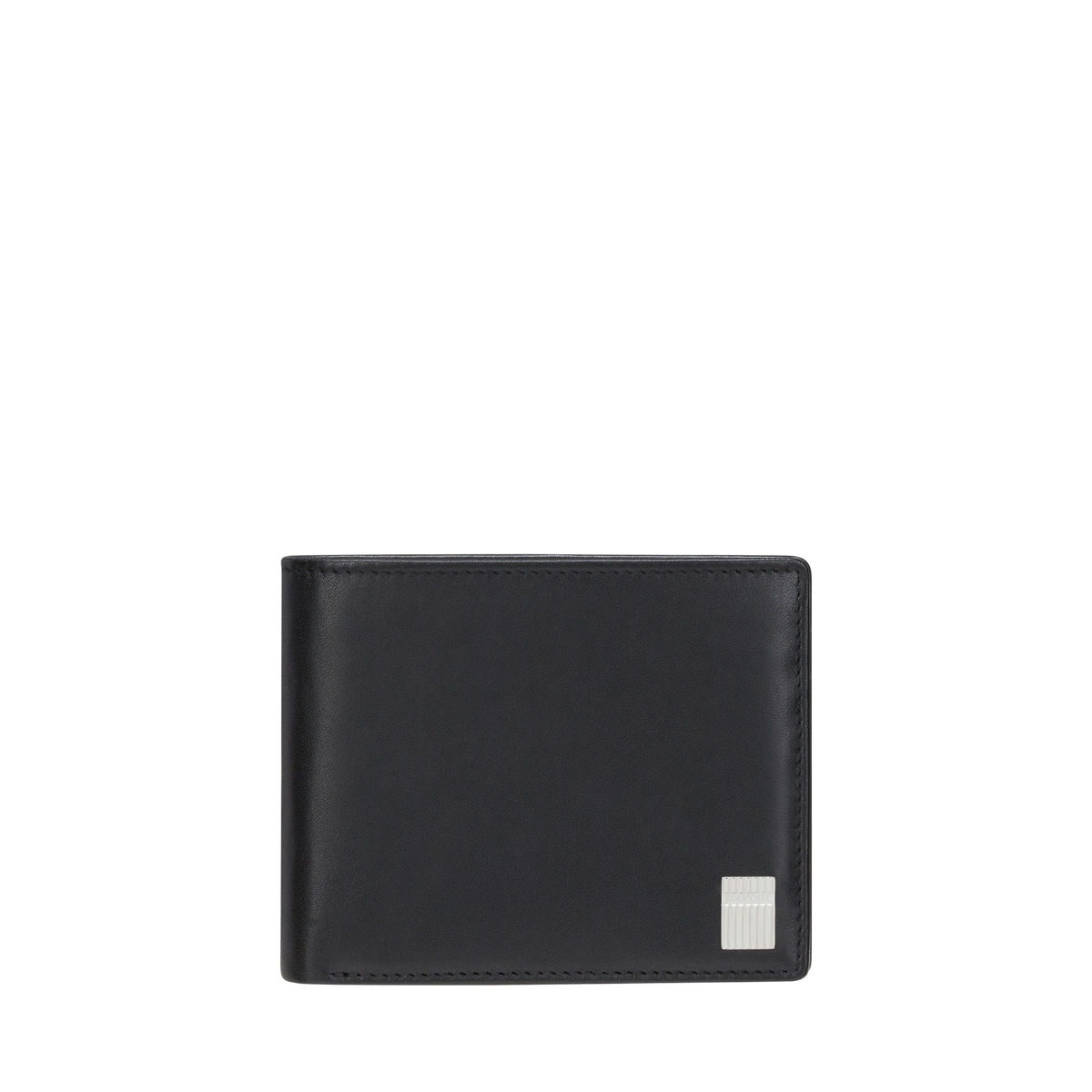 S.T. Dupont Iconic billfold wallet in black leather, closed, with the silver-tone lighter-shaped plaque at the lower right