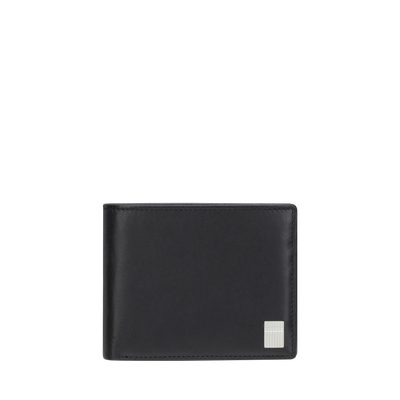 S.T. Dupont Iconic billfold wallet in black leather, closed, with the silver-tone lighter-shaped plaque at the lower right
