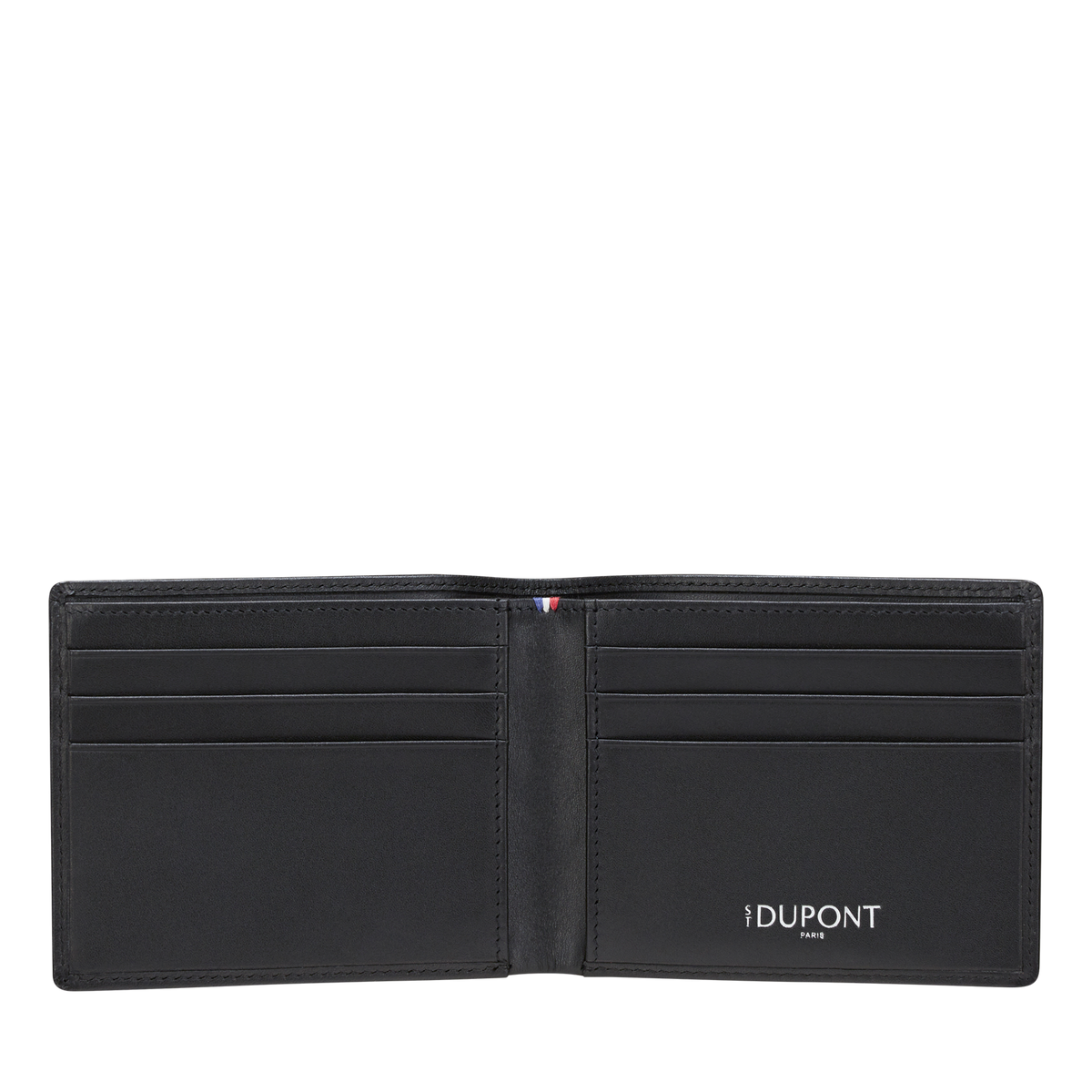 S.T. Dupont Iconic billfold open, showing six card slots, the bill compartment and the blue-white-red stitched trim at the fold