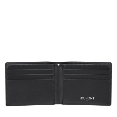 S.T. Dupont Iconic billfold open, showing six card slots, the bill compartment and the blue-white-red stitched trim at the fold
