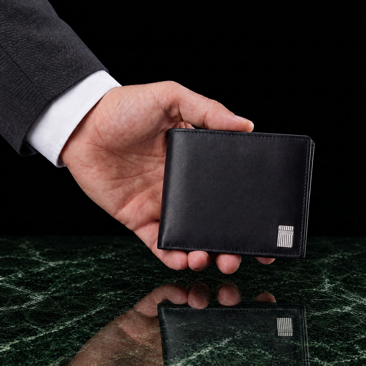 Hand in a suit cuff holding the S.T. Dupont Iconic billfold wallet in black above dark green marble, showing its palm-sized 9 x 10.5 cm scale