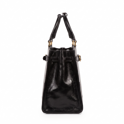 Shirley — Women's Leather Work Tote in black Italian Vachetta, side view, on a white background
