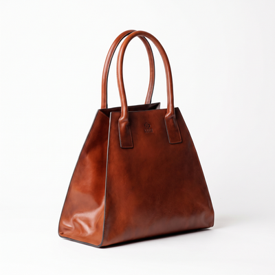 The Woman in White — Women's Leather Tote in cognac brown matte leather, three-quarter view with tall rolled handles, on a white background