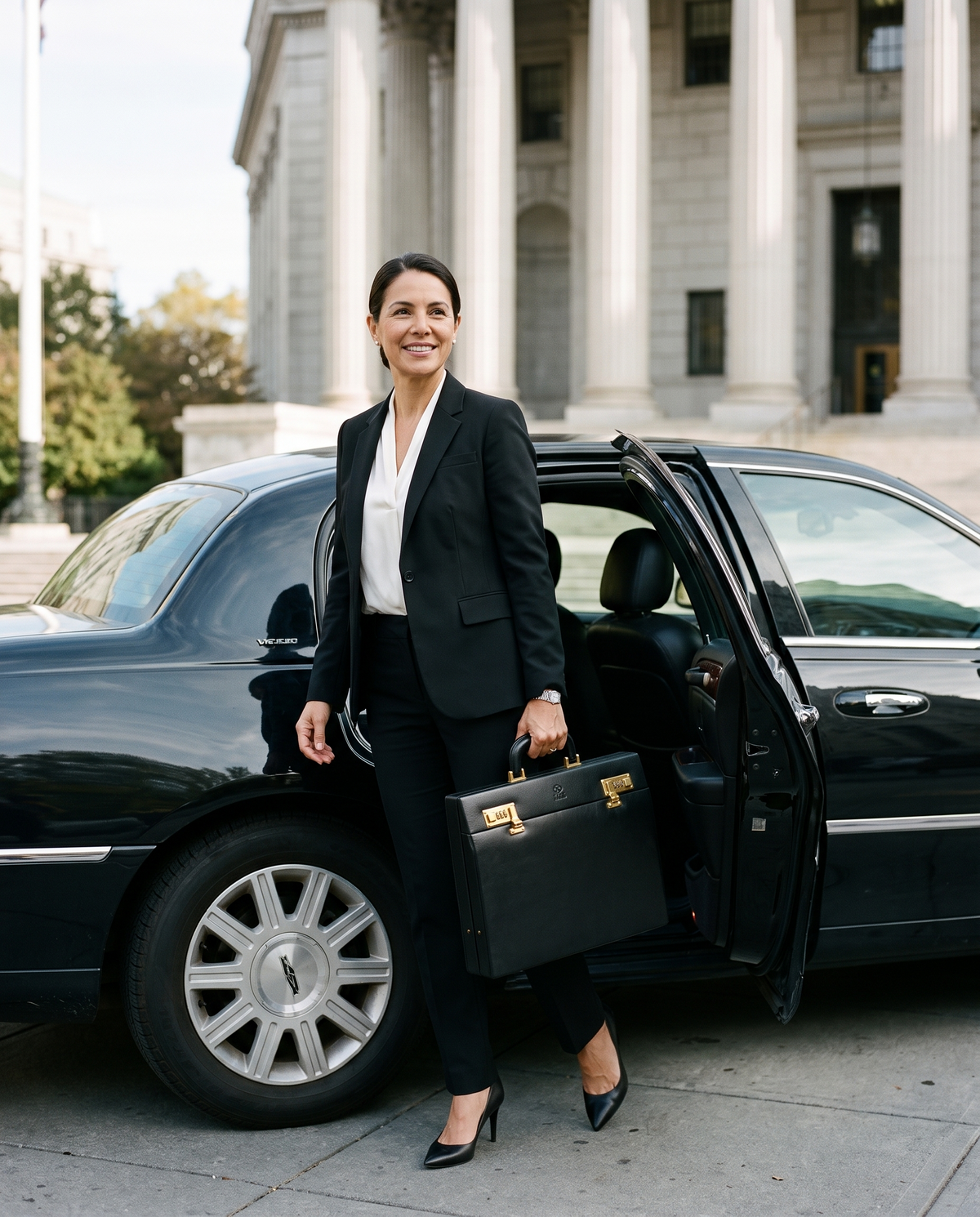 Vendetta — Leather Attaché Case, black, carried by a woman trial lawyer arriving at the courthouse