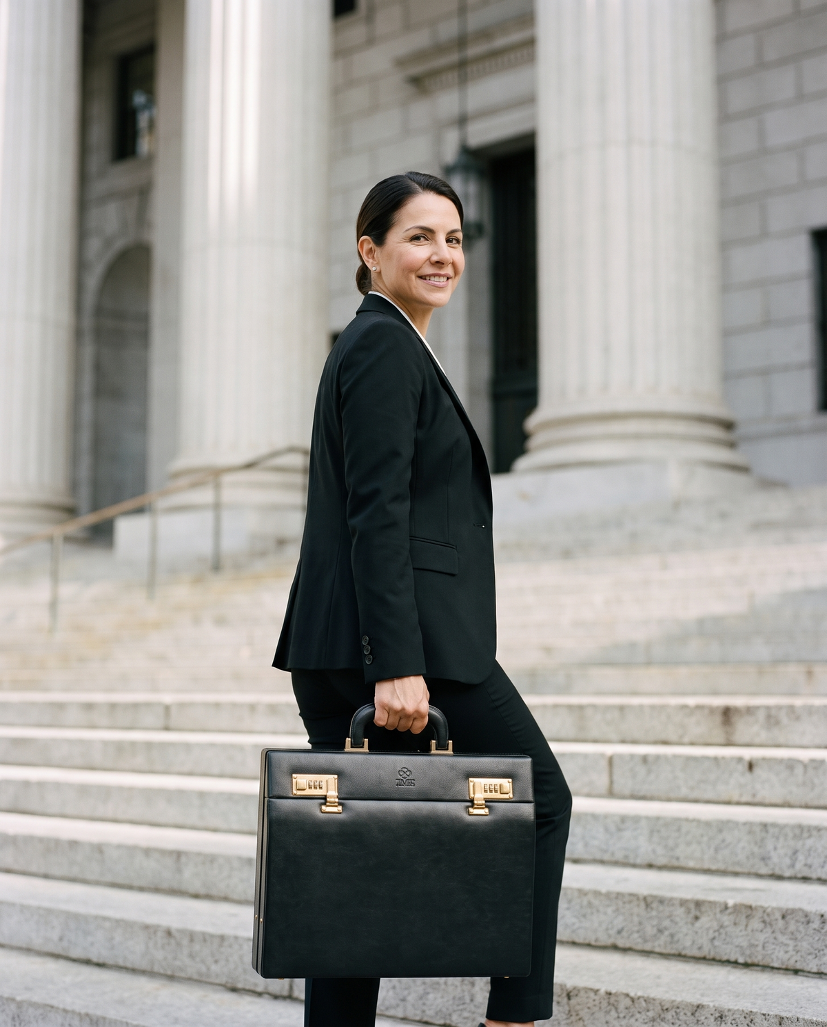 Vendetta — Leather Attaché Case, black, gold combination locks, carried up the courthouse steps