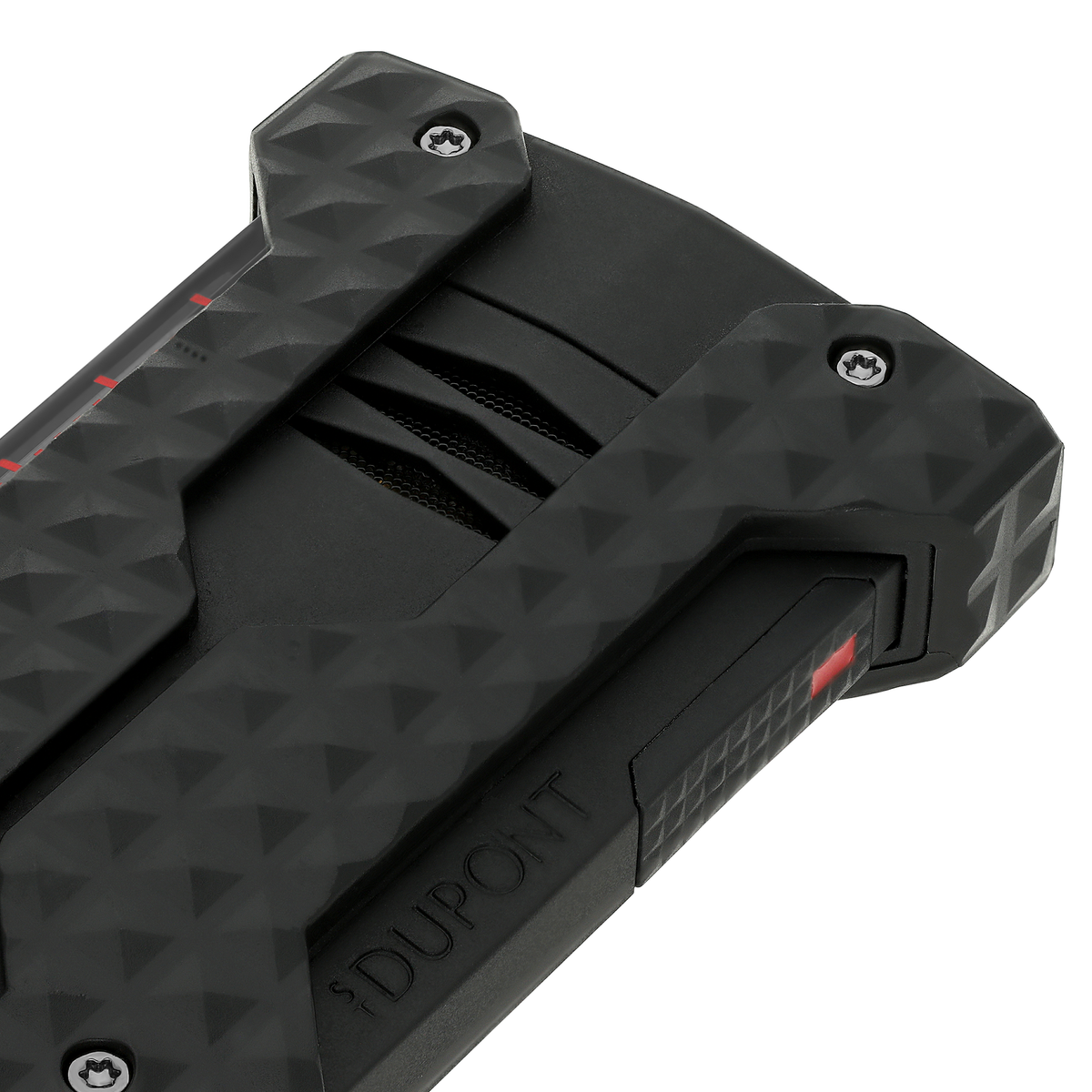 Close-up of the S.T. Dupont Windproof lighter in black, showing the recessed burner vents and corner bumpers