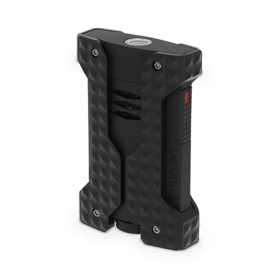 S.T. Dupont Windproof lighter in black, three-quarter view from above showing the burner and ignition