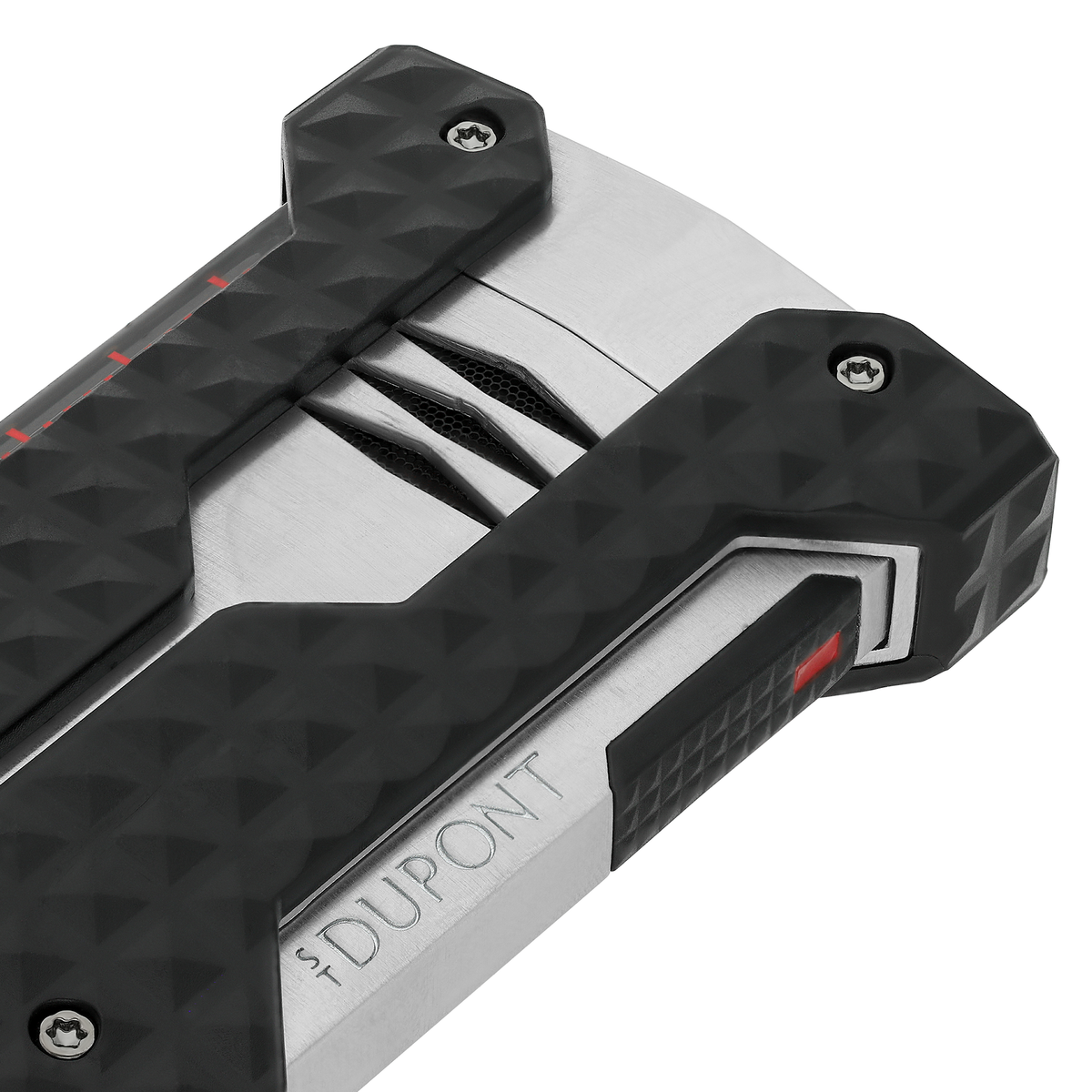 Close-up of the S.T. Dupont Windproof lighter in brushed chrome, showing the recessed burner vents and corner bumpers