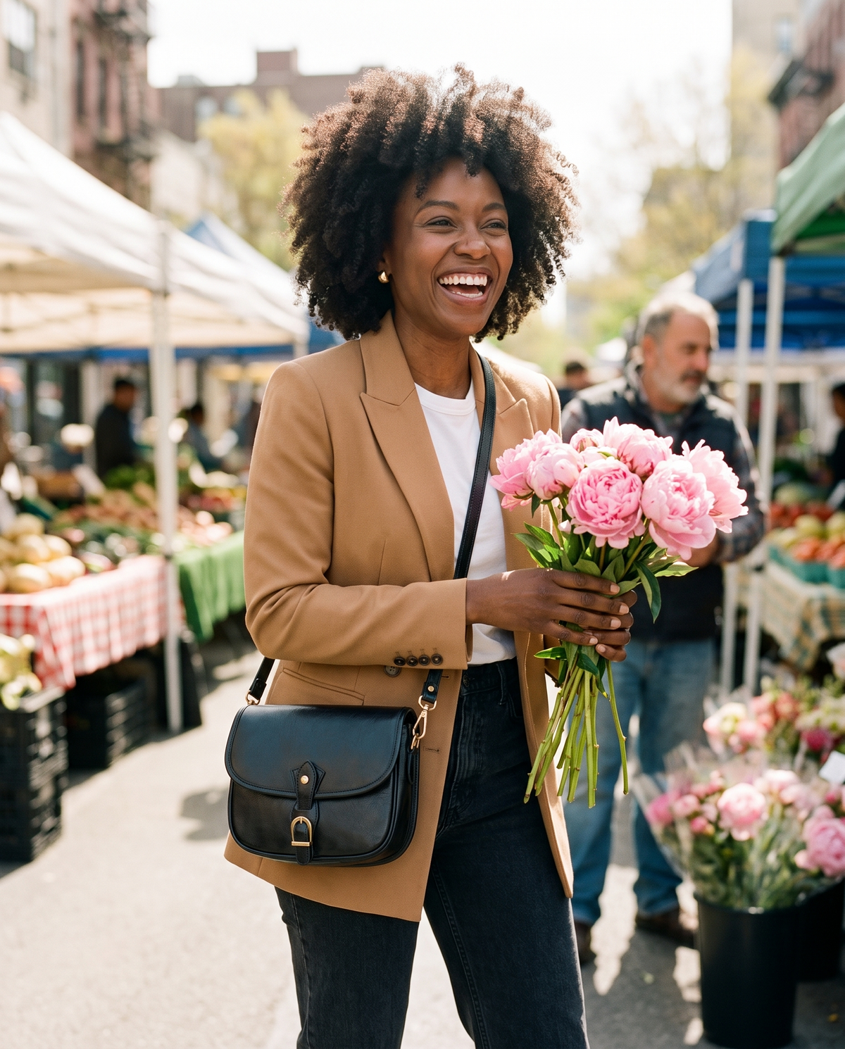 Women in Love — Women's Leather Saddle Bag, worn crossbody at a Saturday farmers market
