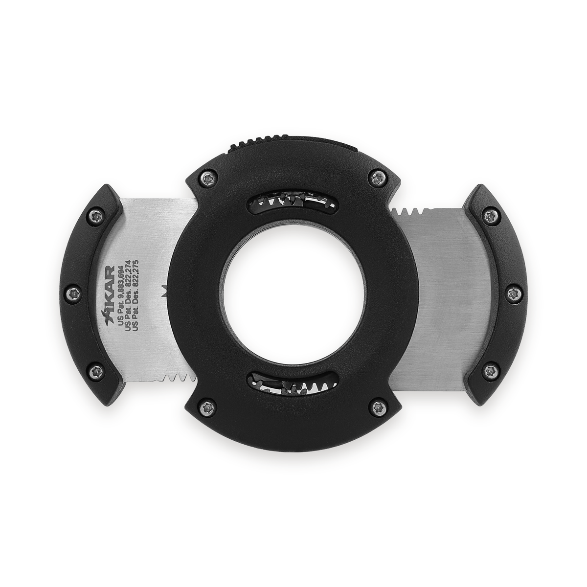 Xikar XO double guillotine cigar cutter in black, blades open