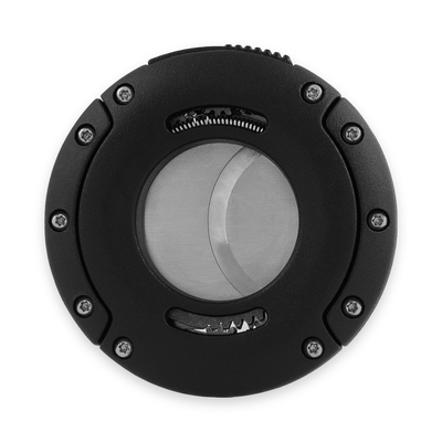 Xikar XO cigar cutter in black, closed, showing the geared face and blade edge