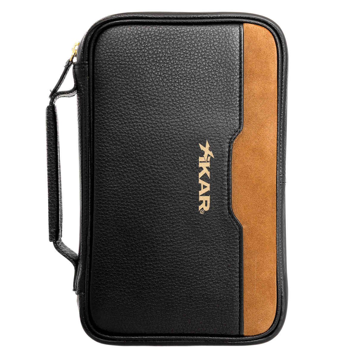 Xikar Sentinel leather cigar case in black with a tan suede accent panel and gold Xikar logo, closed, front view