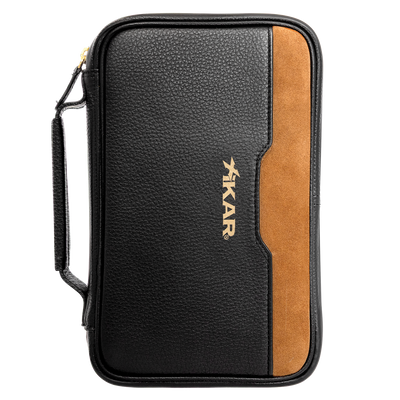 Xikar Sentinel leather cigar case in black with a tan suede accent panel and gold Xikar logo, closed, front view