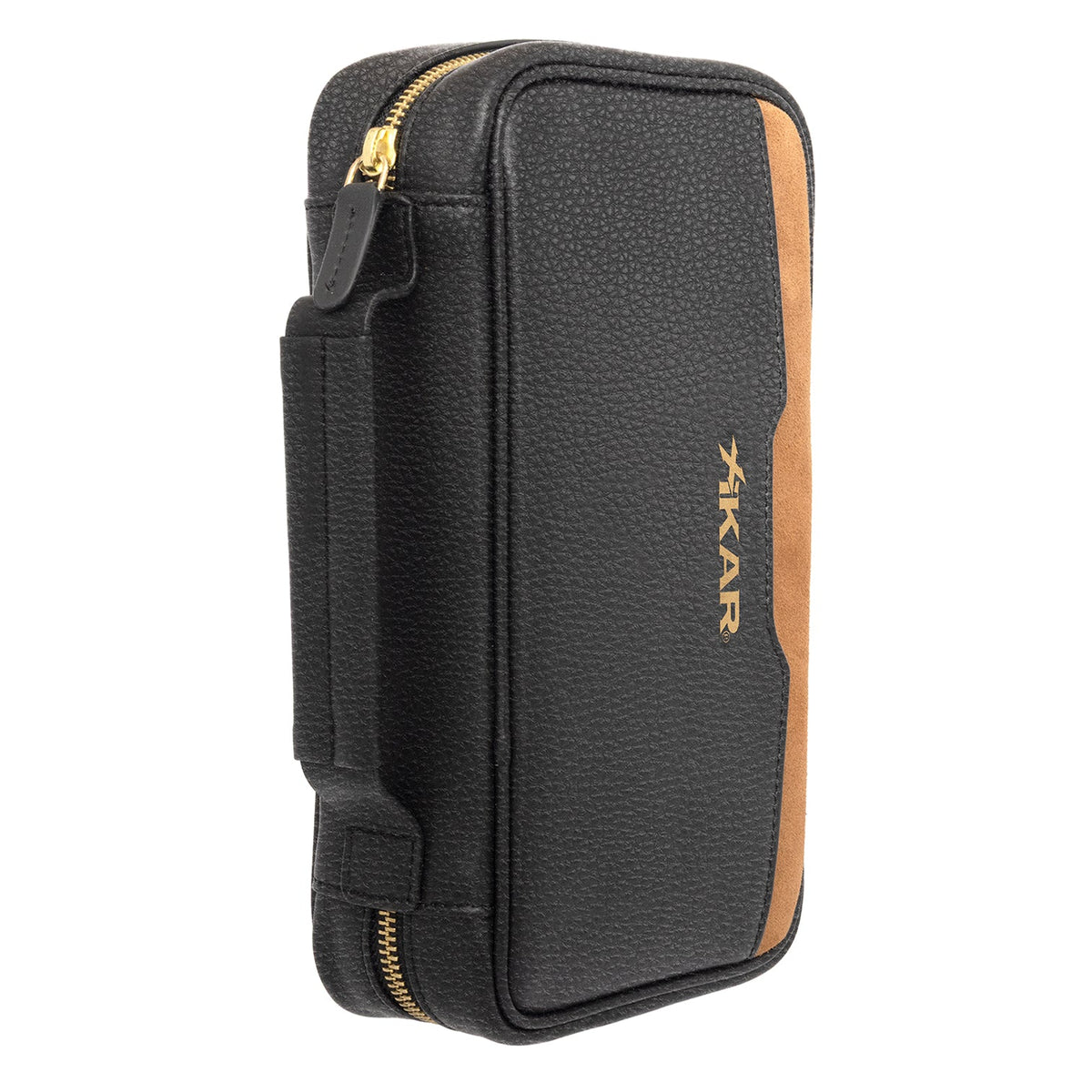 Xikar Sentinel leather cigar case in black, three-quarter view showing the zipper pull and carry handle