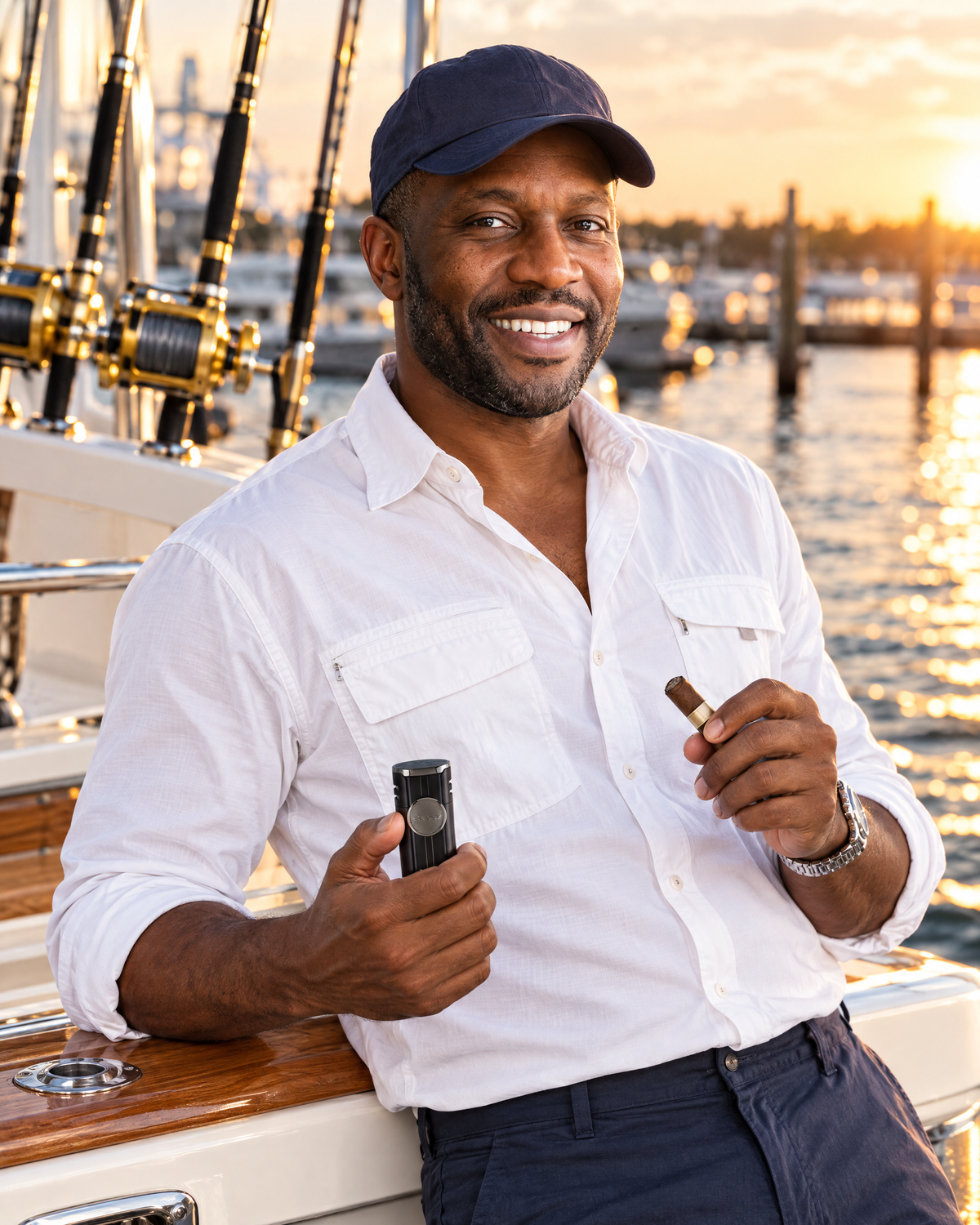Xikar HP4 quad-jet torch lighter in matte black held closed by a lawyer at the stern of a sport-fishing boat at golden hour, unlit cigar in his other hand